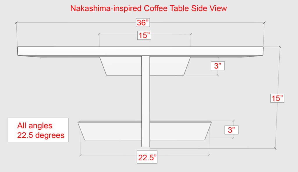 Nakashima inspired coffee table dimensions diagram